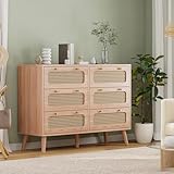 MISNODE Schlafzimmerkommode mit 6 Schubladen, Kommode aus Rattan, Kommode, Holz, Aufbewahrungsmöbel, Schrank, Kommode, für Wohnzimmer, Esszimmer, Flur (100 x 34 x 73 cm)