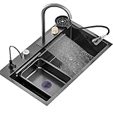 Schwarze Edelstahl-Küchenspüle mit Cascade-Wasserhahn, Einzelbecken-Design, komplettes Zubehör enthalten (85 x 45 x 22 cm), modernes und stilvolles Heim-Upgrade