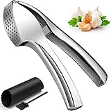 Elbhandel Knoblauchpresse aus Edelstahl, 15,5 x 2,5 cm, 160° Öffnungswinkel, Spülmaschinenfest, Schwarz-Silber