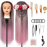 Trainingsköpfe, 28 inch Frisierkopf für Frisöre 100% Synthetikfaser-Haar Übungskopf,mit DIY Stricken Kit und kostenlose Tabelle Clips (Gradient pink)