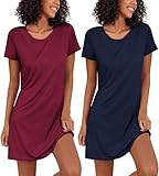 Ekouaer Nachthemd Damen Zweiteiliger Sleepshirt Kurzarm Nachtwäsche Schlafhemd Leicht Schlafshirt 2er Pack, Navy+Weinrot, L