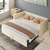 RXMORI Ausziehbares Tagesbett mit Holzlattenrost, Polsterbett Ausziehbares Schlafsofa 90/180x200cm, Einzelbett/Doppelbett mit Lattenrosten, Multifunktionsbett aus hautfreundlichem Samtstoff (Beige)