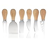 Feuerlos Käsemesserset Set, 6 Stück Käsemesser Kollektion aus Edelstahl mit Teakholzgriffen für Weichkäse, Schnittkäse, Kuchen, Dessert, Käsesalat