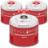 EVOCAMP 3x Propan Butan Gaskartuschen 300g, Schraubventil Eurogewinde 7/16', Ventilkartuschen 539ml mit Sicherheits-Verschlussautomatik, Gaskartuschen einsetzbar für Weber Grills Q100/1200-Serien