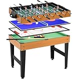 HOMCOM Multi Spieltisch 4-in-1-Tisch mit Tischtennis Billardtisch Tischfußball mit Zubehör Multifunktionstisch für Kinder Erwachsene 107 x 61 x 84,5cm Naturholz+Schwarz