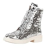 LUXMAX Damen Stiefeletten mit Pailletten, Glitzer, klobig, zum Schnüren, silber, 38 EU