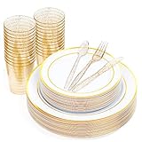 MATANA 150 Stück Mehrweg Partygeschirr Set in Weiß & Gold für 25 Gäste - 25 Plastikteller 25 Dessertteller 25 Löffel 25 Gabeln 25 Messer & 25 Partybecher - Hochzeiten, Geburtstage & Partys