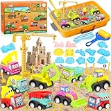 POWZOO Zaubersand Sand Set,1000g Magic Sand,DIY Spielsand Sandbox,mit 9 Rennautos,20 Straßenschilder,Werkzeuge,Burg,Kran,Kreativspielzeug für Kinder ab 3 Jahre.