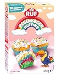 RUF Regenbogen Muffins Backmischung für 12 bunte Muffins mit Zuckerglasur und Streuselmix, inkl. Regenbogen-Förmchen, perfekt für gemeinsames Backen oder Kindergeburtstage