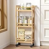 Skokliz Küchenwagen schmal auf Rollen Aufbewahrungswagen mit Rollen Servierwagen Rackwagen Bambus mit 3 Ablage, Küchenregal Organizerwagen, mobiler Allzweckwagen Beistellwagen