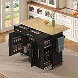 muenfly Kücheninsel Küchenwagen 120x40(65) x90 cm mit Drop Leaf & 3-Tier Pull Out Organizer, 2 Schubladen, Schwarz, Storage Racks, Handtuchhalter, 5 Rollen
