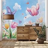 Yidbhsse Tulpe Schmetterling Wandtapete Wohnzimmer Wanddeko, vliestapete Blumenmuster Floral 3D Effekt Tapete 368x254 cm, Blüten Botanisch Fototapete Schlafzimmer, Motivtapete
