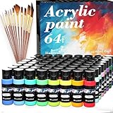 Acrylfarben-Set, 76 Stück mit 64 Farben, 60 ml Flaschen mit 12 Pinseln, ungiftig, 64 Farben, Acrylfarbe, kein Verblassen, reichhaltige Pigmente für Kinder, Erwachsene, Künstler, Leinwand, Handwerk