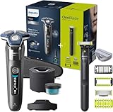 Philips Shaver S7000 – Elektrischer Nass- und Trockenrasierer mit SkinIQ-Technologie in Dark Chrome, ausklappbarem Trimmer, Reinigungsstation, Reinigungskartusche & Philips OneBlade (Modelle S7887/78)