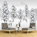 Hand Gezeichnet Schwarz Und Weiß Wald Elch Vogel Moderne 3D Tapete Hochwertige Strukturierte Seide Neutrale Material Ideal Für Wohnzimmer Schlafzimmer-350cm×256cm