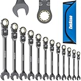 ENEACRO Gelenk-Ratschenschlüssel Set, 12Tlg, 8-19mm, Flex-Kopf Anti-Rutsch Ringmaulschlüssel, Gabelschlüssel-Ringmaul-Schlüssel-Set，72-Zähne, Cr-V, Vernickelt, mit Rolltasche