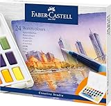 Faber-Castell 169724 - Aquarellfarben in Näpfchen, mit Mischpalette und Wassertankpinsel, 24er Etui
