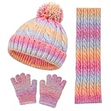 SK Studio Kinder Wintermütze Schal Handschuhe Set Wintermütze Strickmütze Thermo Schal Winterhandschuhe Strickhandschuhe für Kinder Jungen Mädchen, 3-10 Jahre, bunt