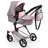 Bayer Design 18433AA Butterfly Kombi Puppenwagen Neo Vario mit Wickeltasche und Einkaufskorb, umwandelbar in einen Sportwagen, höhenverstellbar, grau Jeans-Optik, rosa, Schmetterling, 52cm