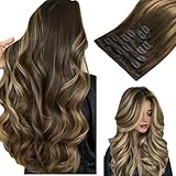 hotbanana Clip In Extensions Echthaar, Balayage Schokoladenbraun bis Karamellblond Unsichtbar Clip In Echthaar Extensions Günstig Haarverlängerung Glatt Remy Hair Extensions 35cm 120g 7 Stück