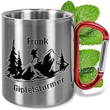 Edelstahl-Tasse mit Karabiner ca. 330ml personalisiert „Gipfelstürmer“ Geschenk für Kletterer Bergliebhaber Männer & Frauen - Metall-Becher mit Namen – Outdoor Camping - Griff Rot