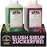 OCMP 2 x 2L Slush Sirup Zuckerfrei Waldmeister & Kirsch AZO Frei - 1:5 Hochkonzentrierter Getränkesirup ohne Zucker für die Slush Maschine, Wassereis & Limo - Zuckerfreier Sirup