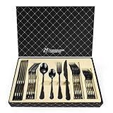 Besteck Set 6 Personen, Schwarzes Besteck Verdicktes Messer und Gabel Besteck Schwarz 24-Teilig für Hause, Hochglanzpoliert/Rostfrei/Spülmaschinenfest