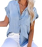 NLAVW Damen Sommer-Jeanshemd mit Knopfleiste, kurzärmelig, Freizeithemd, Oberteil, lockere Passform, Jeansjacke, Bluse, passende Tunika-Bluse,Blau,L