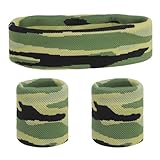 QUARKZMAN Schweiß Band Set Sport Frottee Stirnband Armband Set 8'x2' Feuchtigkeits Ableitendes Schweiß Absorbierendes Stirn Band für Frauen Männer Workout Übung (Gestreift Tarnung Grün/Gelb)