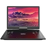 Tragbarer DVD-Player (15,7 Zoll) mit 14,1 Zoll großem HD-Bildschirm, 6 Stunden Akkulaufzeit, unterstützt USB/SD-Karte/Sync-TV und mehrere Disc-Formate, Doppellautsprecher, Schwarz, Boifun