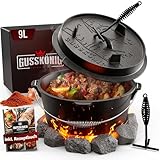 GUSSKÖNIG Dutch Oven Set [9L] - Eingebrannter Feuertopf mit praktischem Deckelheber und Füßen