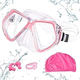 Taucherbrille für Erwachsene, Anti-Beschlag-Schwimmbrille, 180°-Ansicht, Schnorchel-Set mit Nasenklammer, Ohrstöpsel, Badekappe Schwimmbrille (Rosa)