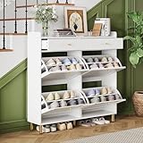 Schuhschrank, Schuhkipper Schmal mit 4 Klapptüren und 2 Schubladen, Schuhregal, Schuhkommode mit Metallgriffen, geeignet für Flur, Schlafzimmer und Wohnung, Farbe: Weiß, Maße: 106.5x25x105.5 cm