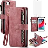 Asuwish Handyhülle für iPhone 6 Plus/6s Plus Hülle mit Folie Schutzfolie Kartenfach Klappbar Leder Geldbörse Ständer i 6Plus 6sPlus S S6 + 6+ 6s+ Handy Hüllen Schutzhülle Handyhüllen Phone Case Rot