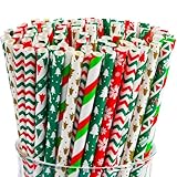 ALINK 200 Stück Weihnachts Papierstrohhalme, biologisch abbaubar, recycelbar, bunt, für Weihnachten, Geburtstag, Hochzeit, Partyzubehör