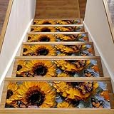 Stufenmatten für Holzstufen, Sonnenblumen, Schmetterling, 15 Stück, abziehen und aufkleben, waschbar, 76,2 x 20,3 cm