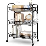 Urackify 3-stöckiger Rollwagen, Multifunktionaler mobiler Küchenwagen für Bad, Küche & Waschküche. Rostbeständiges Metall, atmungsaktiver Netzkorb & Seitenhaken inklusive. Einfache Montage, Schwarz