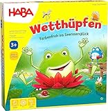 HABA 305272 - Wetthüpfen, Würfelspiel für Kinder von 3 bis 7 Jahren mit unterschiedlichen Spielvarianten, Spielmaterial aus stabiler Pappe und Holz, Spiel ab 3 Jahren