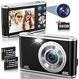Digitalkamera, AutoFocus 4K Kompaktkamera Fotokamera mit Dual-Kamera mit 32GB Speicherkarte HD 48MP 16X Digitalzoom 2,8' großem Bildschirm Fotoapparat Digitalkamera für Einsteiger（Schwarz）