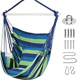 Goutime Schaukel Stuhl Große Hängematte Stuhl Weiche Baumwolle mit 2 Sitzkissen Kissen Hängeschaukel Outdoor & Indoor, 330 Lbs (Blau und Grün)