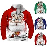 Weihnachtspullover Herren Lustig Weihnachtsmann Schneemann 3D Druck Weihnachts Sweatshirt Herren 1/4 Zip Troyer Kragen Weihnachtspulli Hässlicher Christmas Pullover mit Kängurutasche Weihnachtspulli