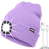 ATNKE LED Mütze mit Licht, USB Typ C Wiederaufladbare 4 LED Beleuchtete Laufmütze Extrem Heller Lampe Winter Warme Stricken Mütze für Herren und Damen Geschenke/Taro Purple