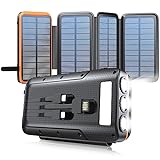 Solar Powerbank 27000mAh, Solar Ladegerät mit 4 Solarpanel und 4 Ausgängen& 2 Eingänge, 22.5W PD3.0 Schnelles Laden, Kommt mit 3 Taschenlampen Solarladegerät für Smartphones, Outdoor Camping und Mehr