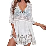 HAIGOU Damen Spitze Strandkleid V-Ausschnitt Badeanzug Strandkleid Transparent Strandponcho Bikini Cover-Ups