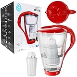 Dafi Crystal LED Wasserfilterkanne, Glas-Wasserfilter Classic 2.0L mit Filter-Kartusche | Rot Filter Jug Inklusive 1 Filterkartusche & LED-Sensor | Glaskanne zur Reduzierung von Kalk, Chlor, Blei