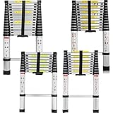 Teleskopleiter 2,6M/3,2M/3,8M/4,4M Rutschfester Aluleiter Schiebeleiter Sprossenleiter, aus hochwertigem Aluminium, Ausziehleiter Teleskop-Design Mehrzweckleiter max 150 kg Belastbarkeit Silber