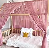 Baby Fancyroom Hausbett Himmel Altrosa Betthimmel Deko Set Kinderzimmer Kinderbett Baldachin Pompongirlande aus Premium Tüll für Hausbetten (380cm, ohne Schmetterlinge)