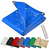 Abdeckplane mit Ösen 100 x 110 cm Wetterfeste Strapazierfähige, Gartenplane Abdeckung PVC-Schutzplane mit Verstärkte Gummiecken & Ösen für Dächern/Terrassen/Schwimmbädern, Blau