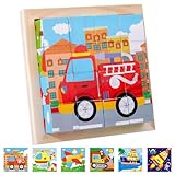 Bilderwürfel Holz, Holzpuzzle 3D Würfelpuzzle Puzzlespiele, Würfelpuzzle Holz mit 16 Würfel Holzspielzeug für Kinder ab 2 3 4 Jahren, Holzpuzzle Montessori Spielzeug für Jungen Mädchen (A)