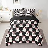 jejeloiu Kinder-Bettwäsche-Set mit niedlichem Geistermotiv, 7-teilig, rosa Schleife, Kawaii-Cartoon-Geisterbuch, Buch, schwarzes Halloween-Thema, Bett in einer Tasche mit Bettdecke, Laken